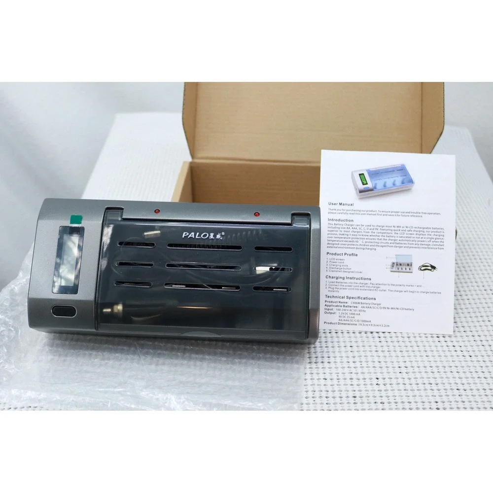 PALO C906W Battery Charger OS Gray Universal LCD Ni-MH Ni-CD AA AAA C D 9V